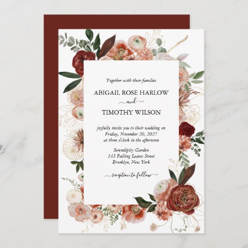 Burgundy Rustic Floral Gold Rose Marsala Wedding  Invitation