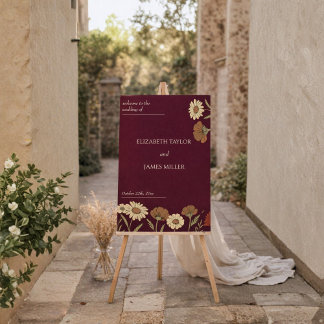 Burgundy Rustic Floral Red Wedding Welcome Sign 