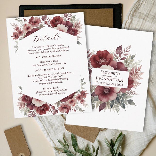 Burgundy Rustic Floral Watercolor Wedding Details  Enclosure Card (Creator Uploaded)