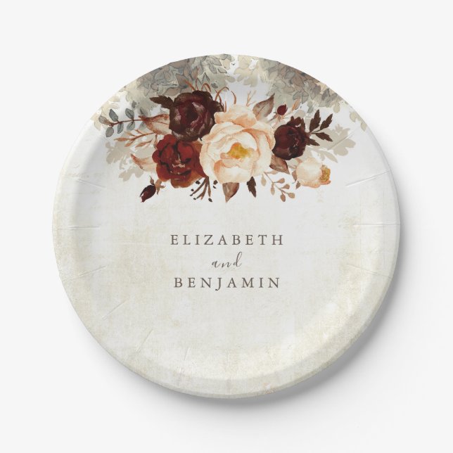 Burgundy Rustic Floral Wedding Paper Plates (Front)