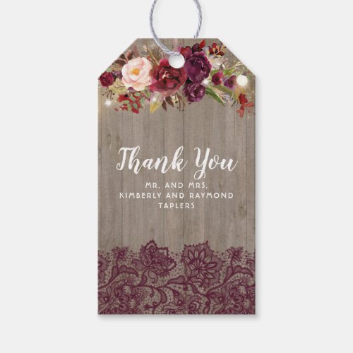 Burgundy Rustic Flowers and Lace Wedding Gift Tags