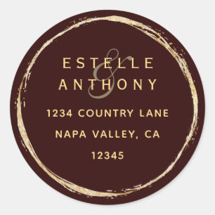 Burgundy Rustic Gold Ampersand Return Address Classic Round Sticker