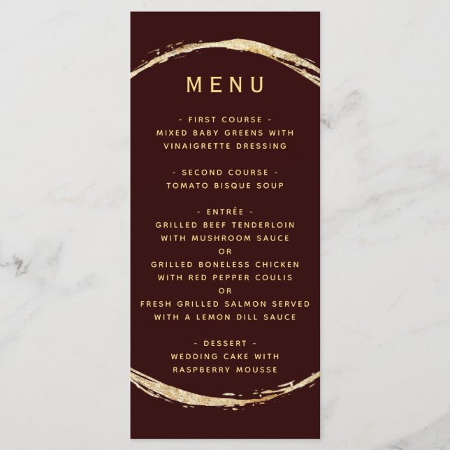 Burgundy Rustic Gold Circle Ampersand Wedding Menu (Front)