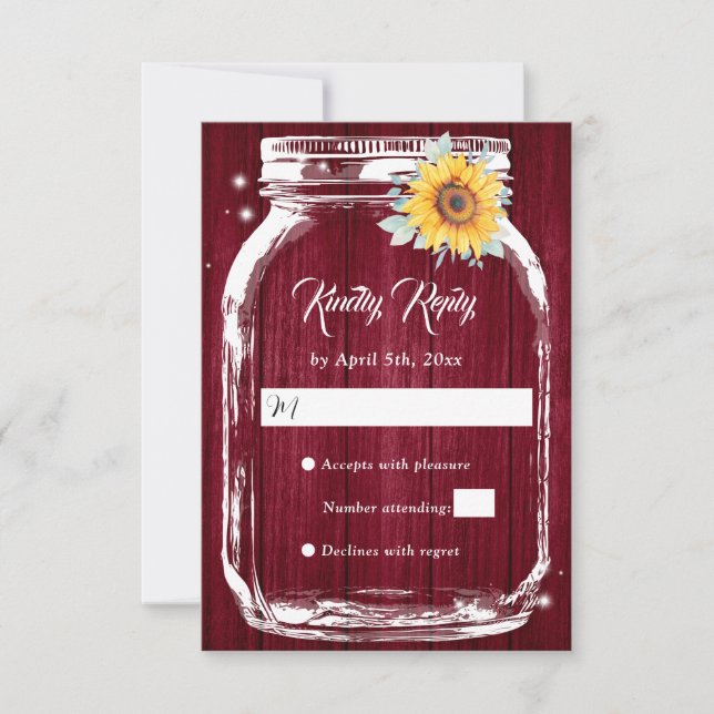 Burgundy Rustic Mason Jar Sunflower Wedding RSVP Card (Front)
