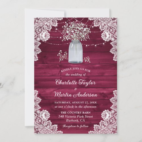 Burgundy Rustic Mason Jar Wood Lace Wedding Invitation