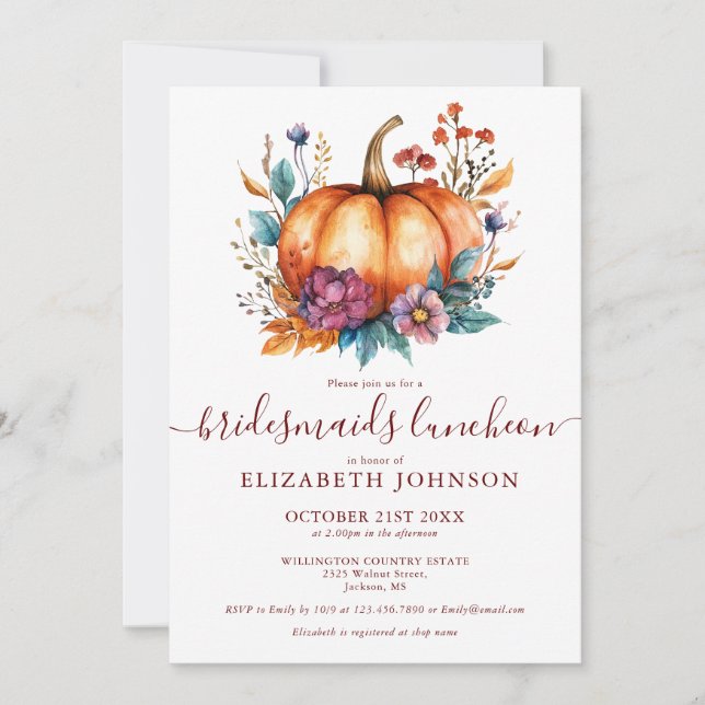 Burgundy Rustic Pumpkin Bridesmaids Luncheon Invitation (Front)