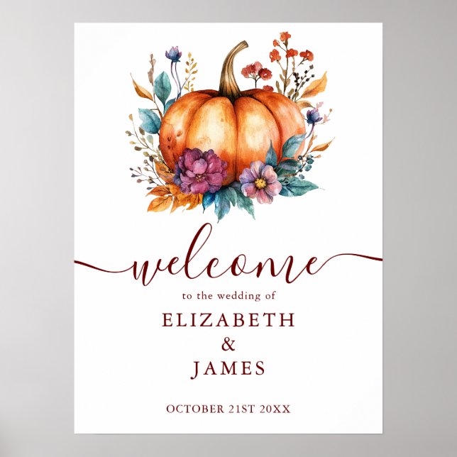 Burgundy Rustic Pumpkin Wedding Welcome Sign (Front)