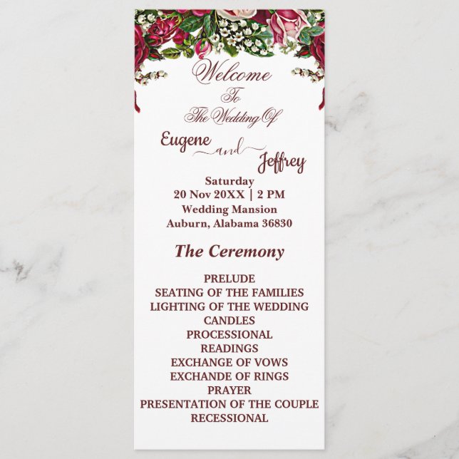 Burgundy Rustic Roses Country Floral Theme Wedding Program (Front)