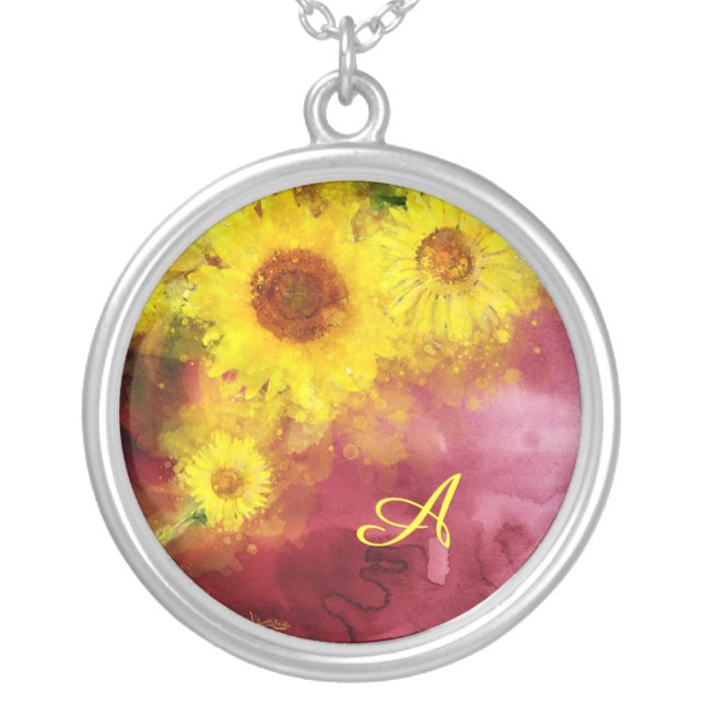 *~* Burgundy  Rustic Sunflower Country Monogram Silver Plated Necklace (Front)