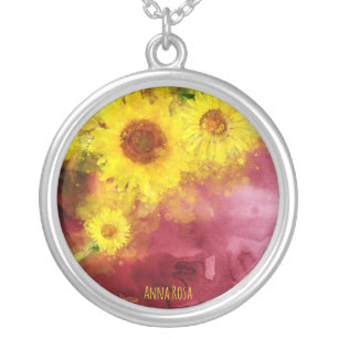 *~* Burgundy Rustic Sunflower Country Watercolor Silver Plated Necklace