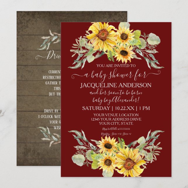 Burgundy Rustic Sunflower Drive By Boy Baby Shower Invitation (Front/Back)