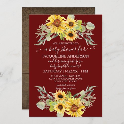 Burgundy Rustic Sunflower Drive By Boy Baby Shower Invitation