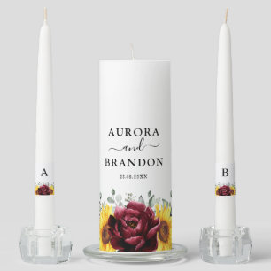Burgundy Rustic Sunflower Modern Floral Wedding Unity Candle Set