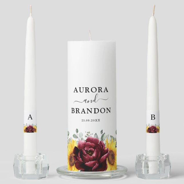 Burgundy Rustic Sunflower Modern Floral Wedding  Unity Candle Set (Front)
