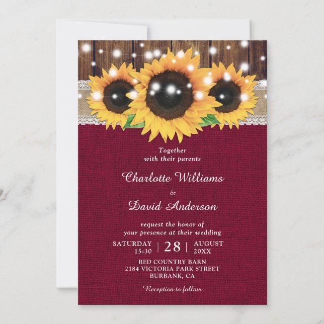 Burgundy Rustic Sunflower Wedding Invitations (Front)