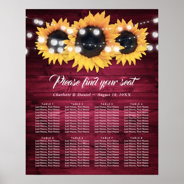 Burgundy Rustic Sunflower Wedding Seating Chart 8 (Front)