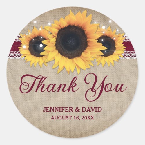 Burgundy Rustic Sunflower Wedding Thank You Classic Round Sticker