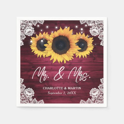 Burgundy Rustic Sunflower Wood Lace Wedding Napkins