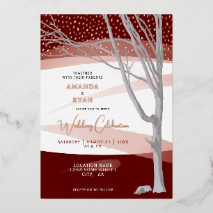 Burgundy Rustic Winter Tree Watercolor Wedding Foil Invitation