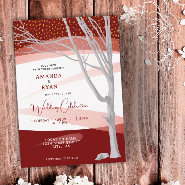 Burgundy Rustic Winter Tree Watercolor Wedding Invitation (Creator Uploaded)