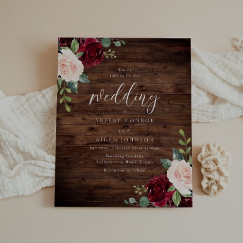 Burgundy Rustic Wood Budget Wedding Invitation