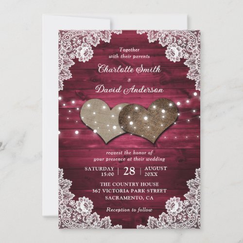 Burgundy Rustic Wood Burlap Lace Lights Wedding Invitation