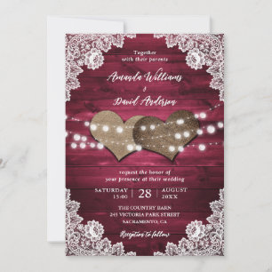Burgundy Rustic Wood Burlap Lace Lights Wedding Invitation