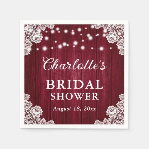 Burgundy Rustic Wood Floral Lace Bridal Shower Napkins