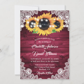 Burgundy Rustic Wood Floral Lace Sunflower Wedding Invitation