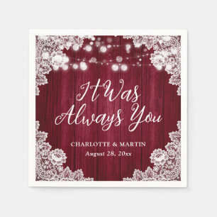 Burgundy Rustic Wood Floral Lace Wedding Napkins