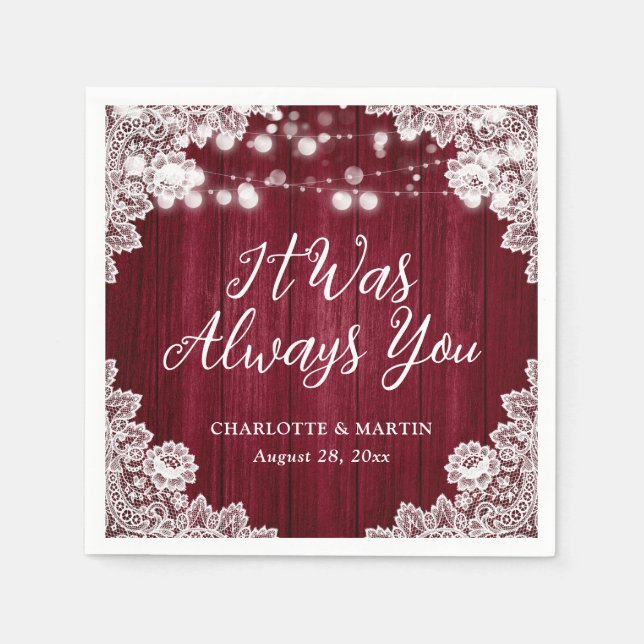 Burgundy Rustic Wood Floral Lace Wedding Napkins (Front)
