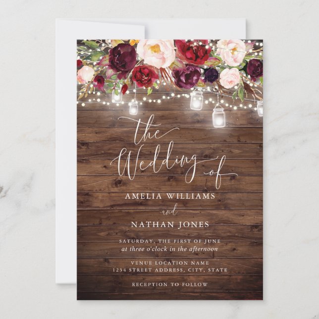 Burgundy Rustic Wood Floral Lights Wedding Invitation (Front)