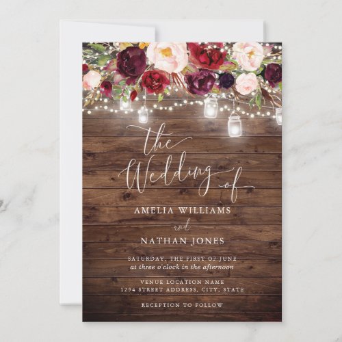 Burgundy Rustic Wood Floral Lights Wedding Invitation