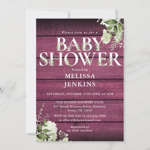 Burgundy Rustic Wood Greenery Floral Baby Shower Invitation