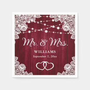 Burgundy Rustic Wood Lace String Lights Wedding Napkins