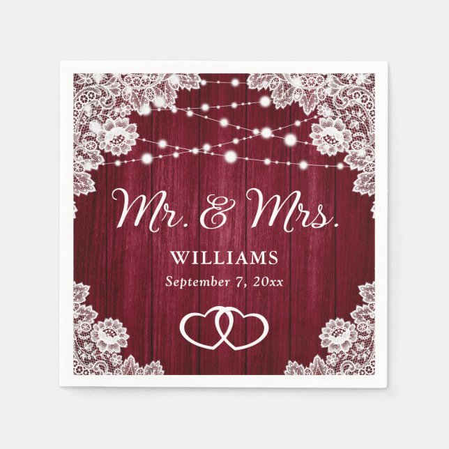 Burgundy Rustic Wood Lace String Lights Wedding Napkins (Front)