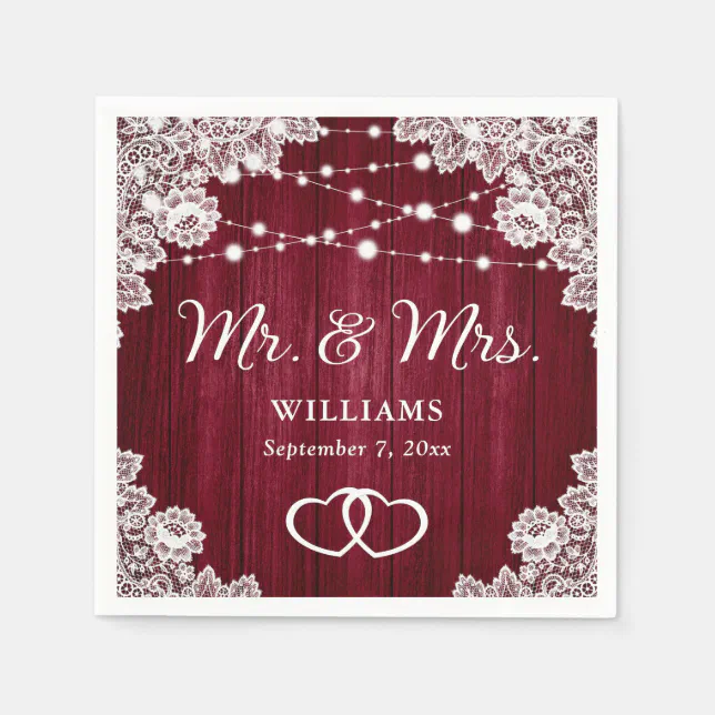 Burgundy Rustic Wood Lace String Lights Wedding Napkins | Zazzle