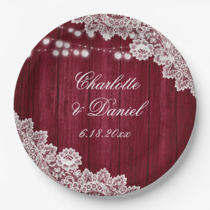 Burgundy Rustic Wood Lace String Lights Wedding Paper Plates