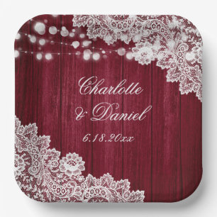 Burgundy Rustic Wood Lace String Lights Wedding Paper Plates