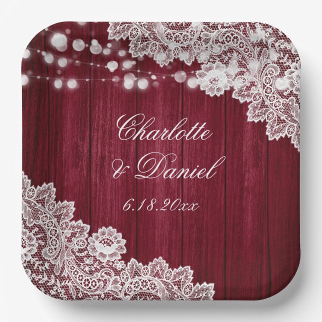 Burgundy Rustic Wood Lace String Lights Wedding Paper Plates (Front)