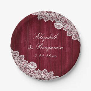 Burgundy Rustic Wood Lace String Lights Wedding Paper Plates