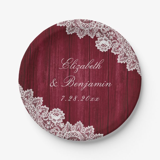 Burgundy Rustic Wood Lace String Lights Wedding Paper Plates (Front)