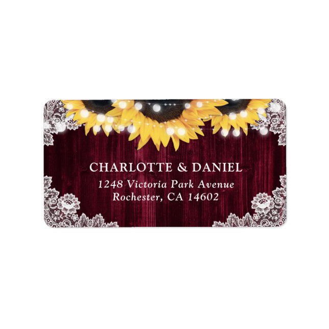 Burgundy Rustic Wood Lace Sunflower Address Labels (Front)