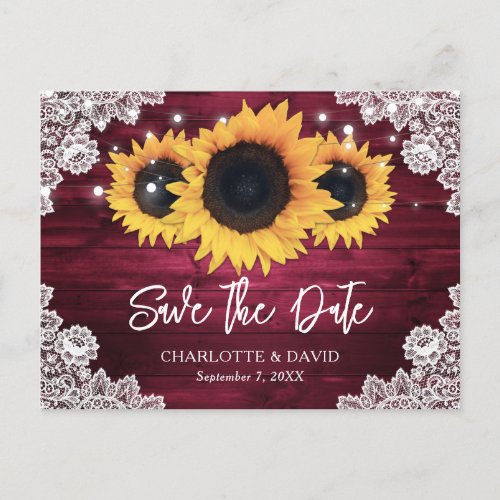 Burgundy Rustic Wood Lace Sunflower Save The Date Announcement Postcard