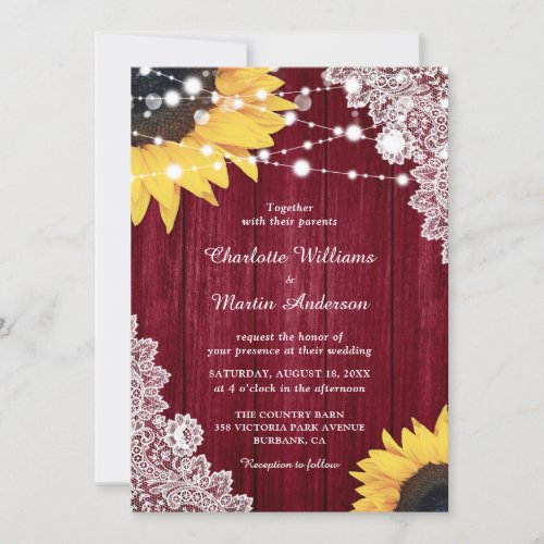 Burgundy Rustic Wood Lace Sunflower Wedding Invitation