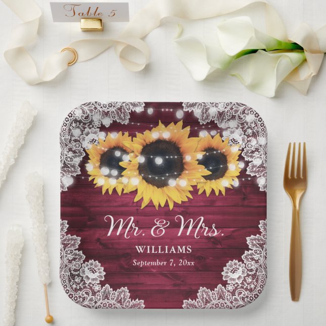Burgundy Rustic Wood Lace Sunflower Wedding Paper Plates (Wedding)