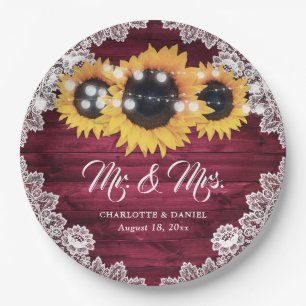 Burgundy Rustic Wood Lace Sunflower Wedding Paper Plates
