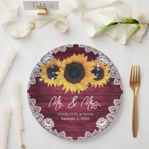 Burgundy Rustic Wood Lace Sunflower Wedding Paper Plates