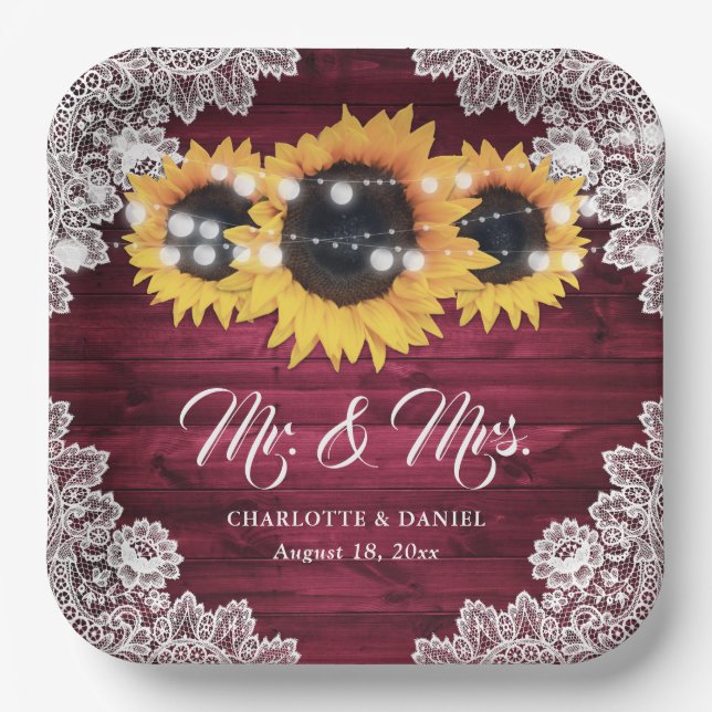 Burgundy Rustic Wood Lace Sunflower Wedding Paper Plates (Front)