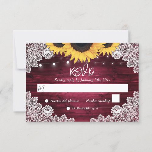 Burgundy Rustic Wood Lace Sunflower Wedding RSVP Card